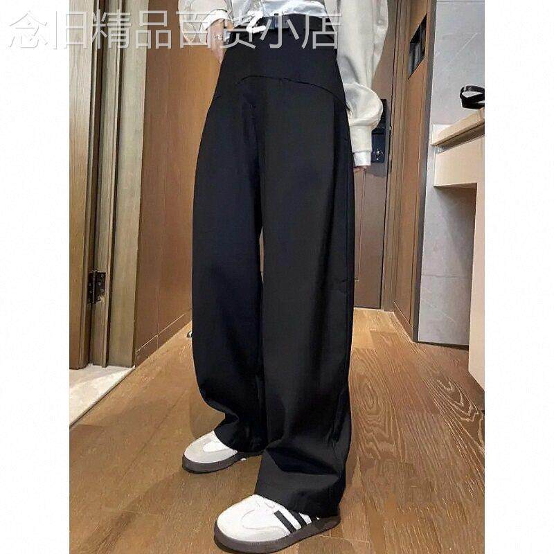 黑色雅痞裤女春秋欧货口袋休闲裤高腰镰刀裤垂感阔腿裤日系西装裤
