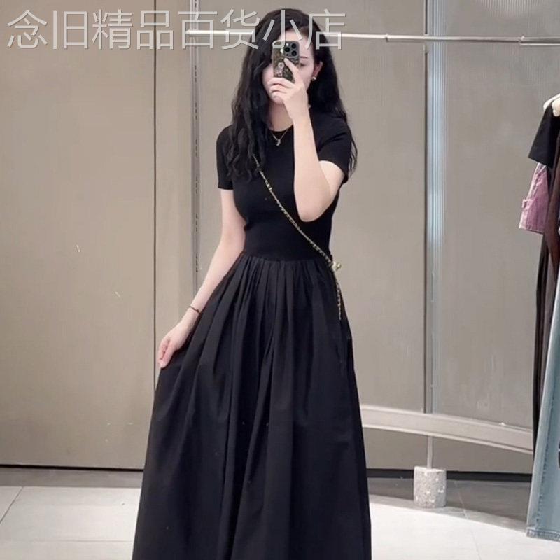 黑色拼接短袖t恤洋装女2026夏季新款小众设计超好看别致长裙子