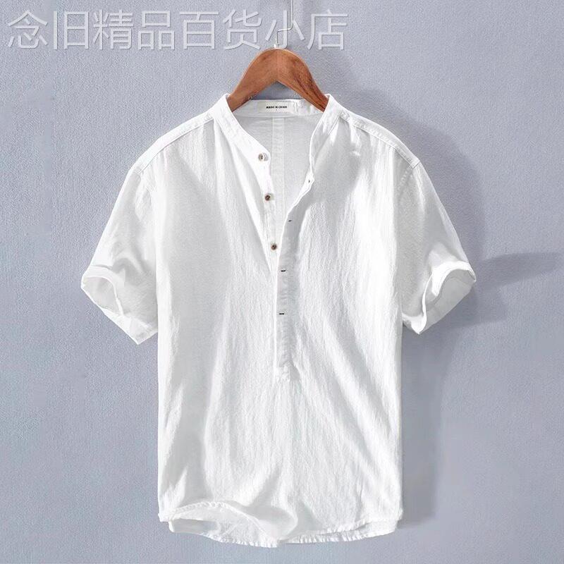 香港棉麻休闲男士白色衬衣T恤亚麻短袖T恤夏季薄款纯色套头衬衫