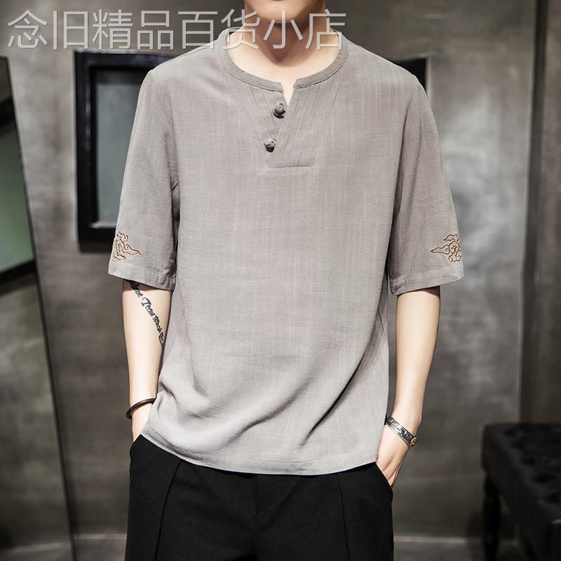 Jnza中式亚麻刺绣短袖T恤 男装大码胖身形宽松棉麻上衣2025夏季新