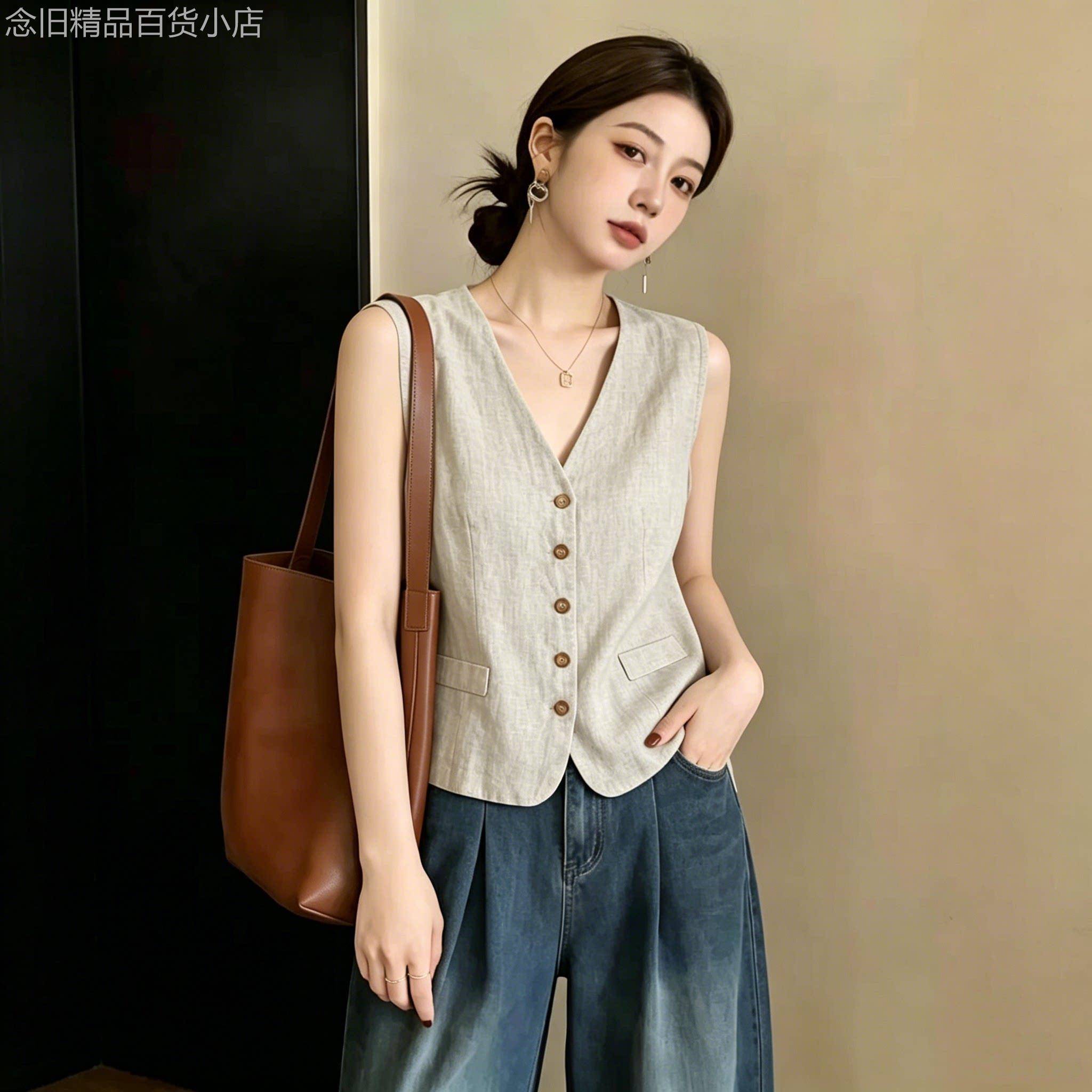 棉麻V领马甲女2026年夏季新款洋派时髦外搭坎肩无袖亚麻背心上衣