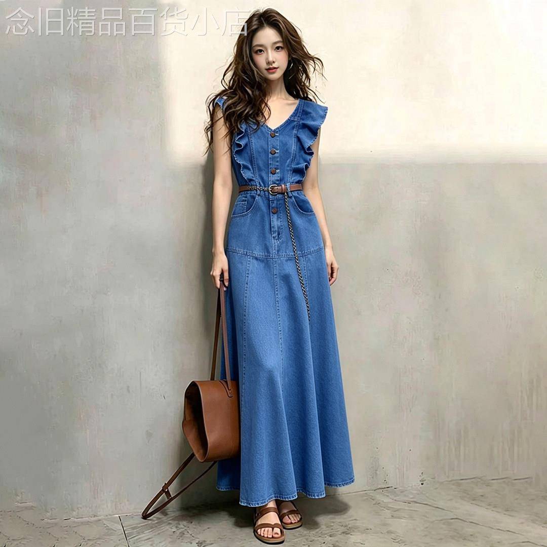 法式气质蓝色牛仔荷叶边洋装女2026夏新款独特巨好看无袖长裙子