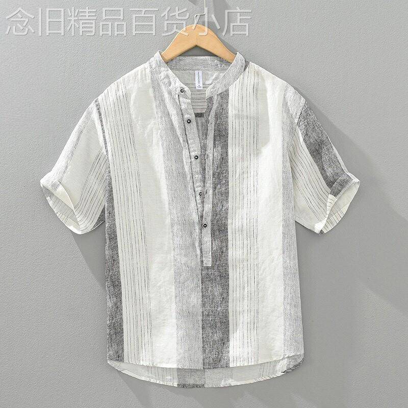 法国JENNI TENNO条纹高级感色织短袖纯亚麻T恤男休闲套头衬衫半袖