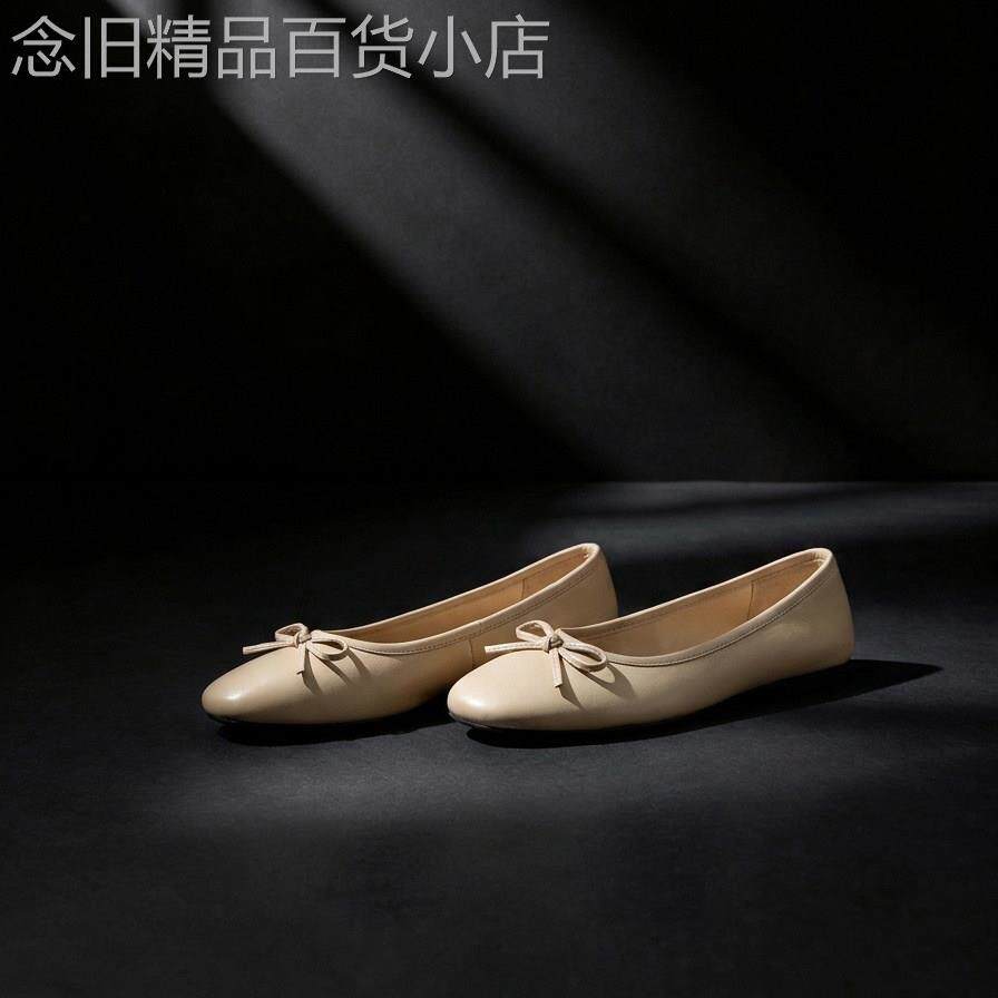 香港羊皮蝴蝶结单鞋女2026秋季新款圆头软皮豆豆鞋平底芭蕾舞鞋子