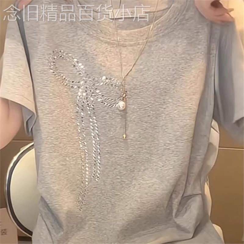 韩国重工蝴蝶结烫钻短袖T恤女2026夏季新款别致设计显瘦圆领上衣