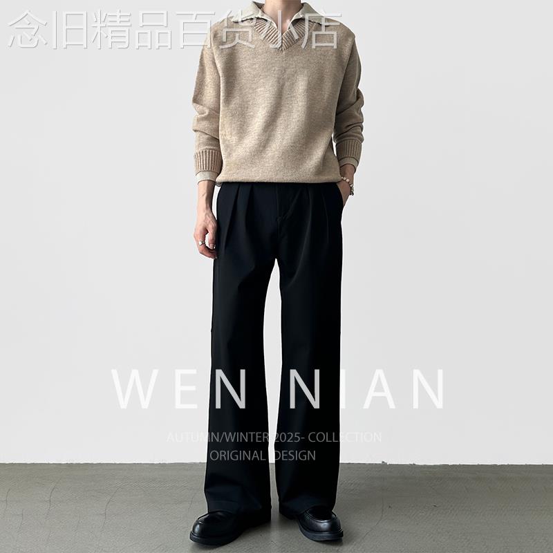 韩国WEN NIAN双压褶A字西裤男2026秋季三本针工艺宽松直筒西装裤