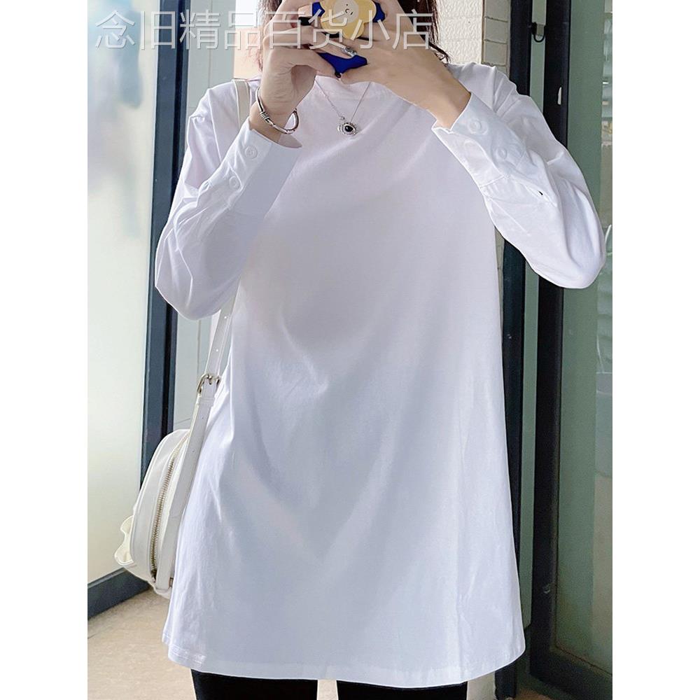 韩国2026春秋季新款白色长袖t恤女中长款纯棉磨毛打底衫上衣服潮