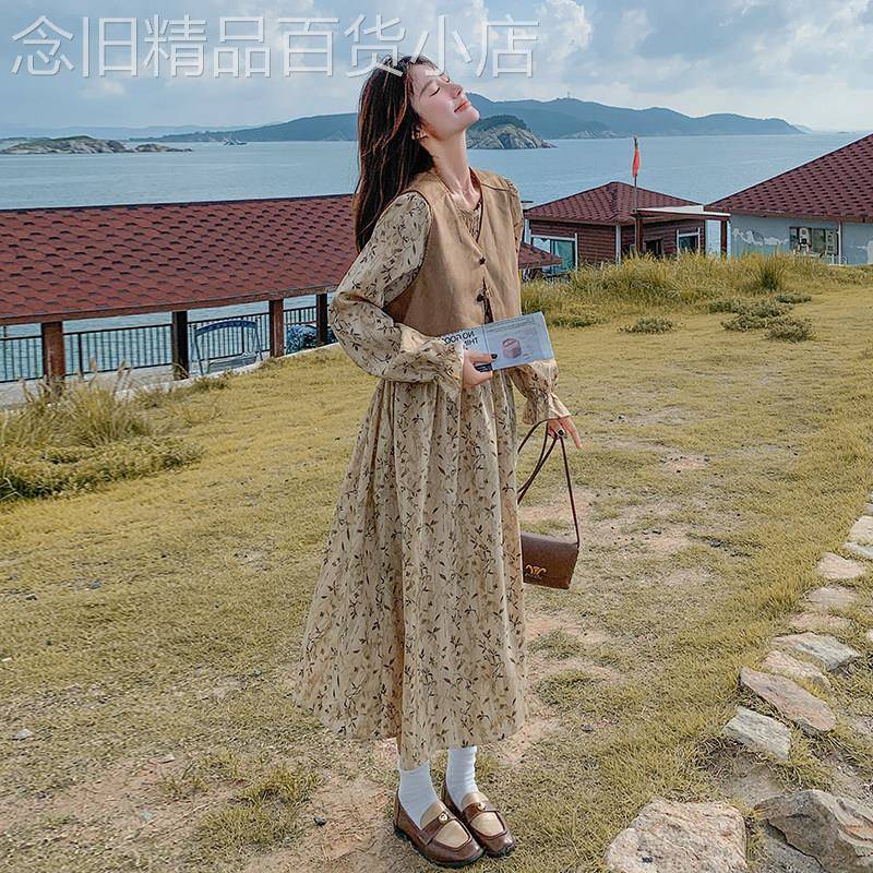 法式麂皮马甲连衣裙套装女2026春新款轻熟风气质显瘦碎花裙两件套