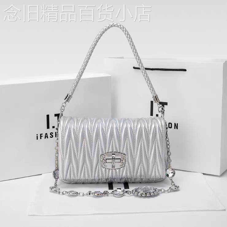 香港生日礼物白色包包2026新款春夏真皮女包水钻链条包单肩斜挎包