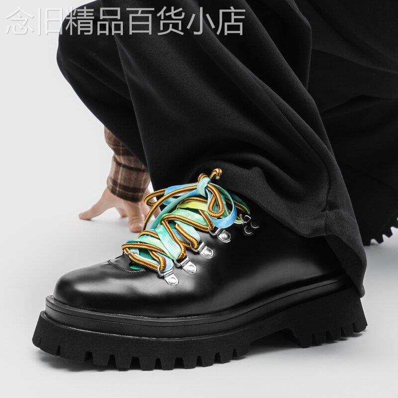 【高品质】暗黑厚底皮鞋男多巴胺鞋带撞色设计铆钉德比鞋小众炸街