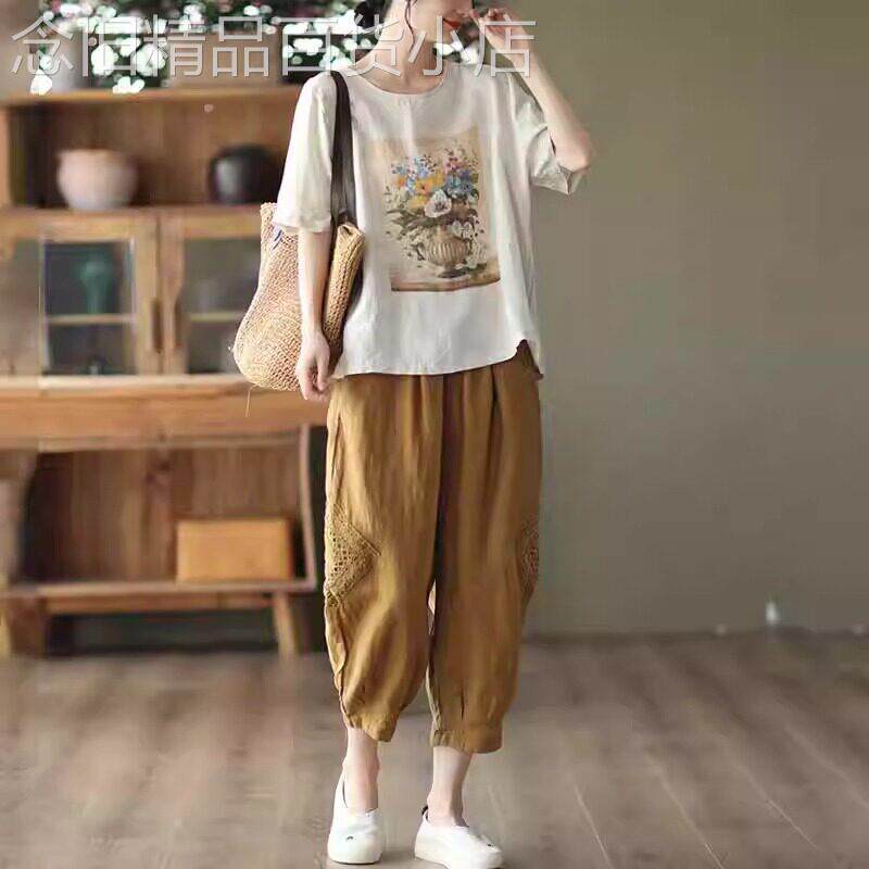 潮牌中老年妈妈棉麻套装女夏季新款4050岁复古亚麻宽松休闲两件套