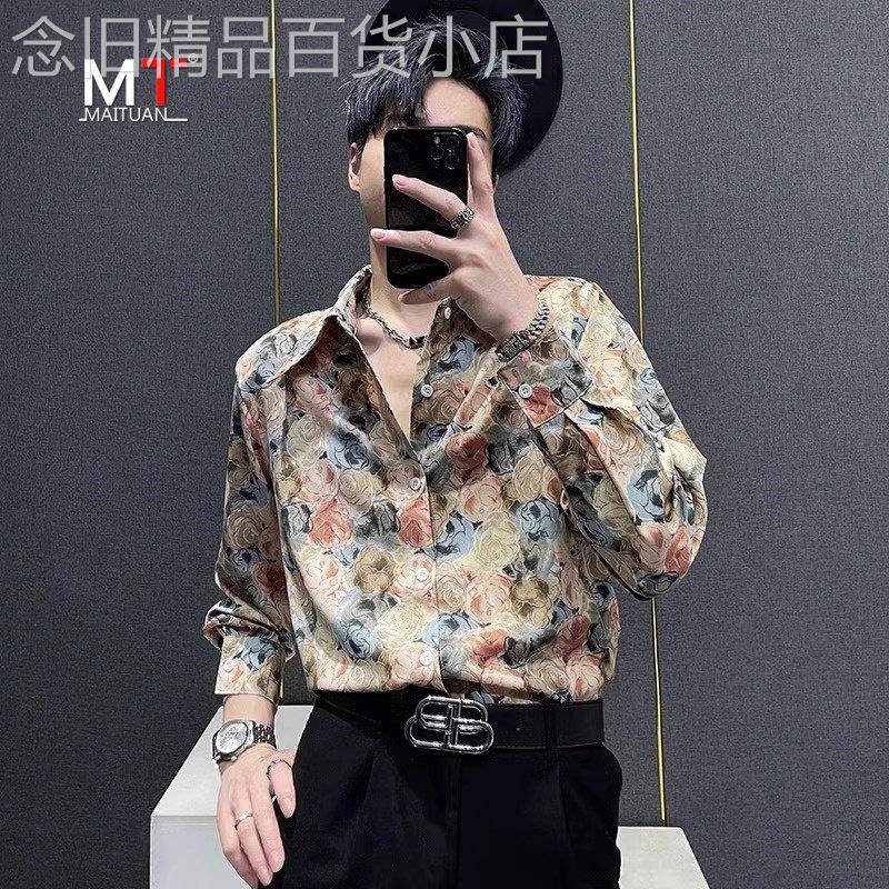 高级感痞帅花衬衫男士长袖2025新款春秋季时尚潮流休闲衬衣服男款