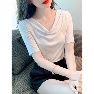 网红同款 T恤女夏宽松弹力上衣 设计感小众堆堆领薄款 莫代尔棉短袖