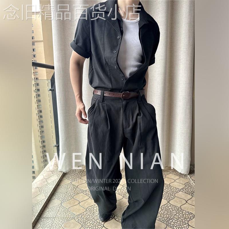 韩国WEN NIAN双领设计亚麻短袖衬衫套装男款2026春夏季老钱风裤子