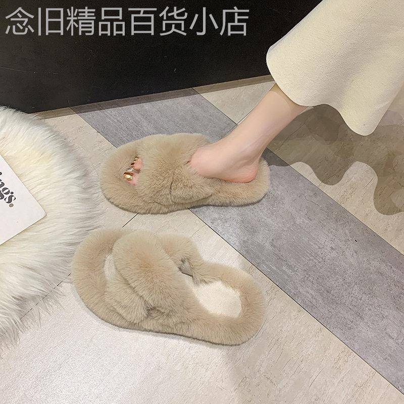网红爆款毛毛拖鞋女外穿春秋季2025新款高级感居家厚底交叉棉拖鞋