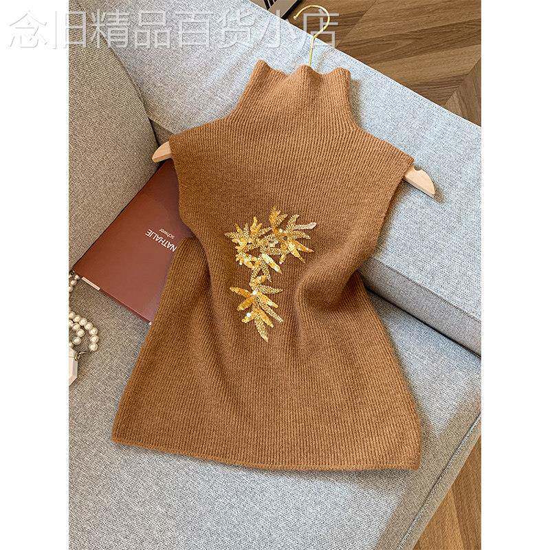 新中式珠片刺绣高领无袖针织背心女2026年冬新款亮片穿搭毛衣上衣