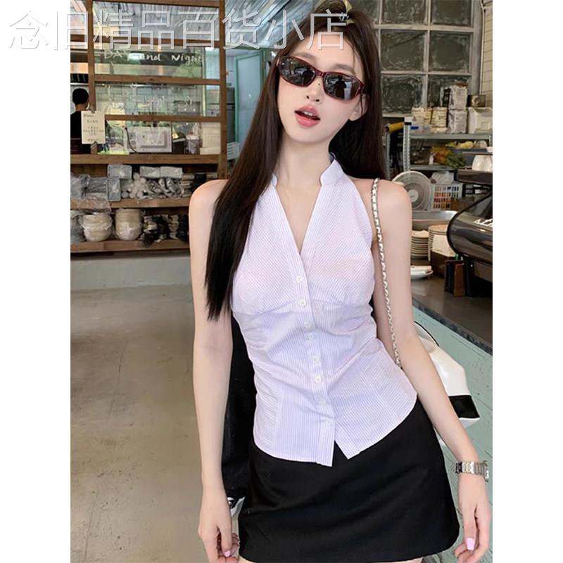 紫色法式V领无袖衬衫女夏季欧货修身收腰设计感小众通勤百搭上衣
