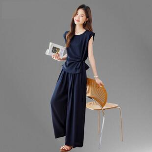 两件套 天丝麻时尚 套装 女2025夏新款 设计感系带收腰上衣休闲阔腿裤