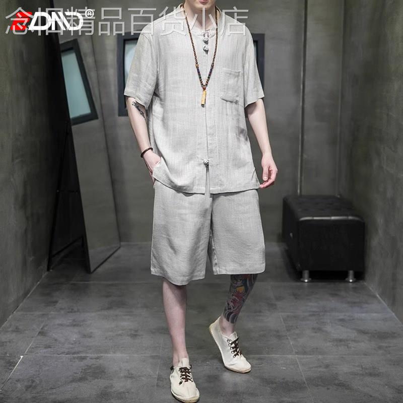 中国风亚麻短袖t恤男士套装2026年新款夏季棉麻衬衫唐装男款短裤