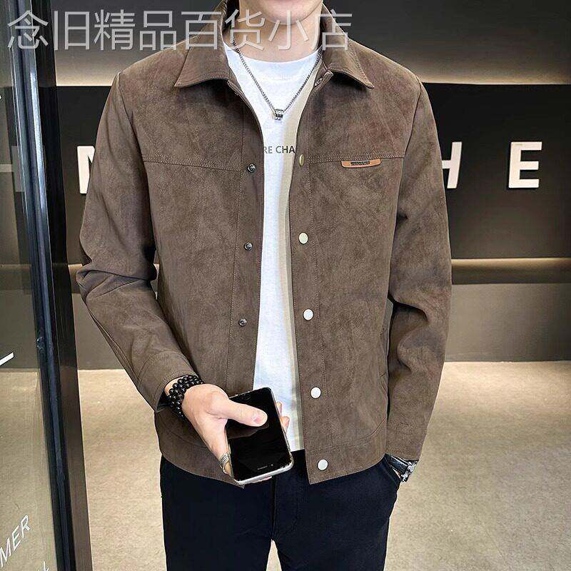 轻奢痞帅修身短款夹克男士春秋休闲百搭褂子潮流翻领外套纯色上衣