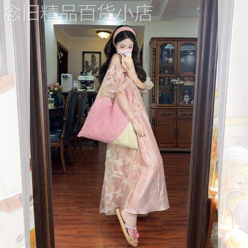 法式气质粉色泡泡袖洋装女夏季2025年新款海边度假风好看小裙子