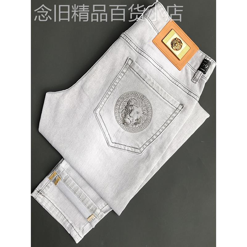 欧洲站经典浅灰色绣花牛仔裤男士夏季薄时尚多用途弹力修身休闲裤