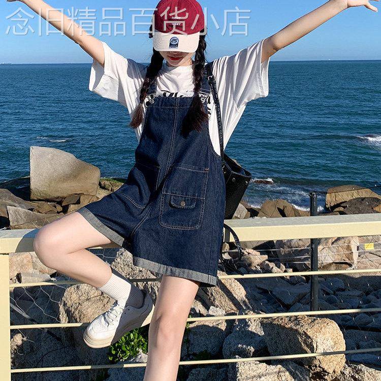 日系奶甜背带裤女2026新款夏款阔腿裤牛仔短裤宽松四分吊带直筒裤