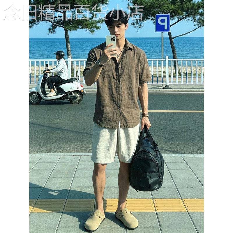 亚麻短袖衬衫老钱风男生人夫感穿搭夏季套装高级感痞帅休闲两件式
