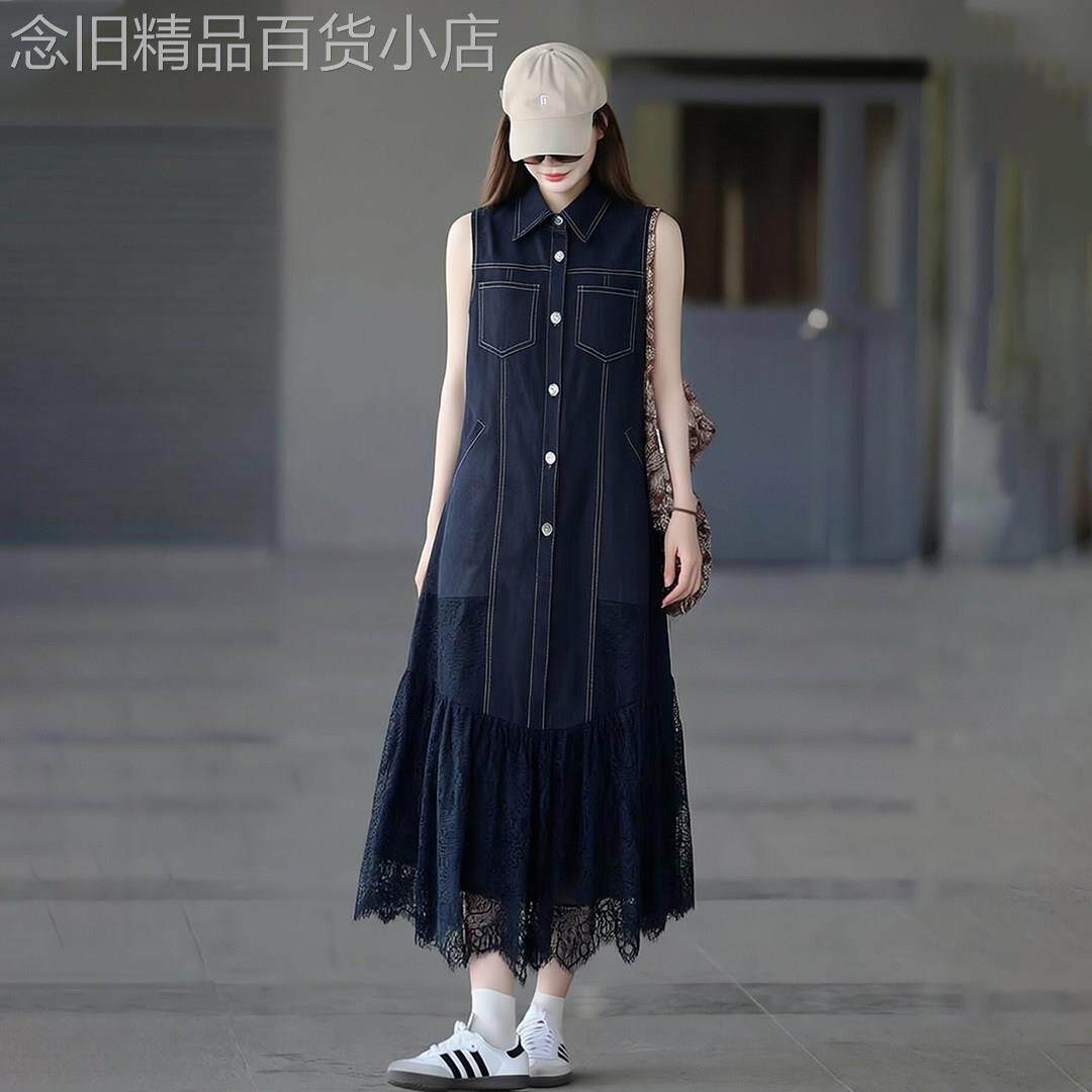 复古黑色牛仔蕾丝拼接连衣裙女2026夏季新款独特巨好看无袖长裙子
