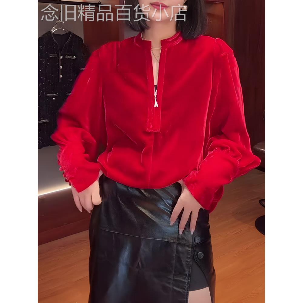 轻奢高级感红色丝绒上衣女2025秋季新款宽松显瘦优雅百搭漂亮长袖