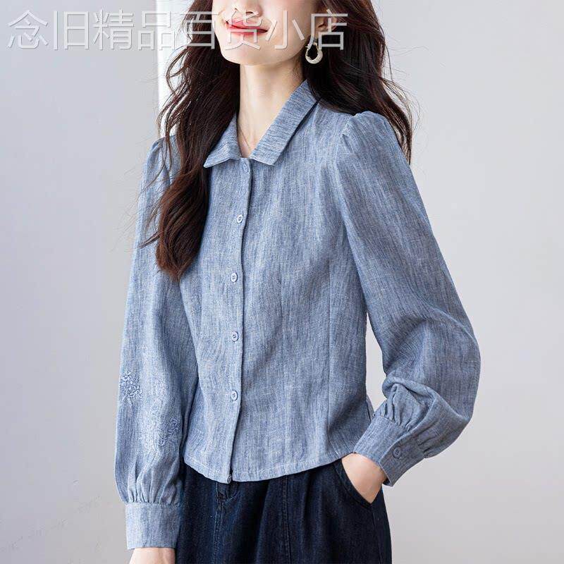 潮牌Polo领衬衫女士装2026春季新款宽松亚麻小衫苎麻衬衣长袖上衣