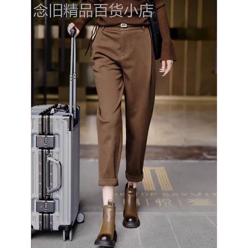 高档秋冬加绒加厚咖色毛呢九分裤女高腰哈伦裤新款休闲西装烟管裤