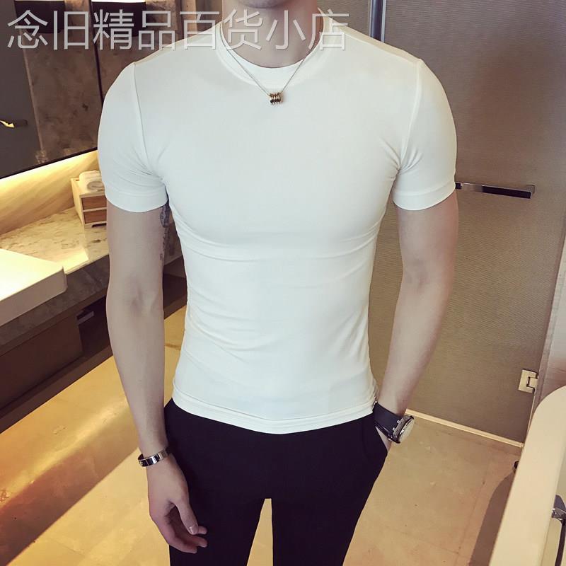 香港短袖男t恤韩版修身半袖男士紧身体恤纯色长袖纯棉衣服打底衫