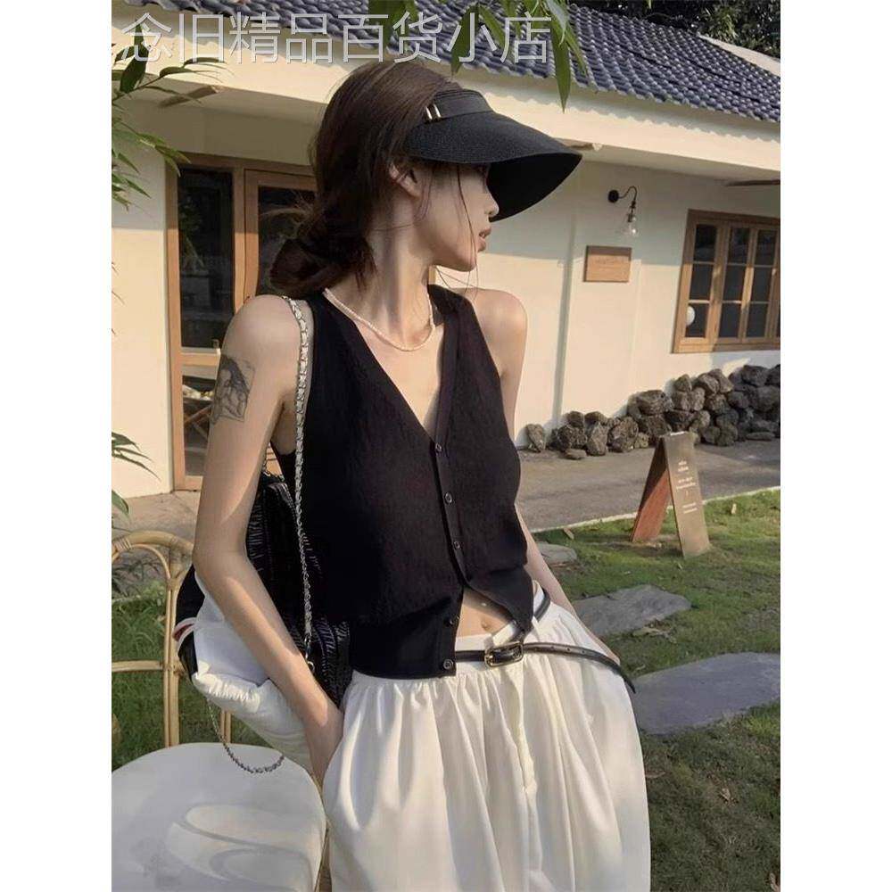 日系黑色v领内搭针织吊带背心马甲女春秋纯欲风无袖短款开衫上衣