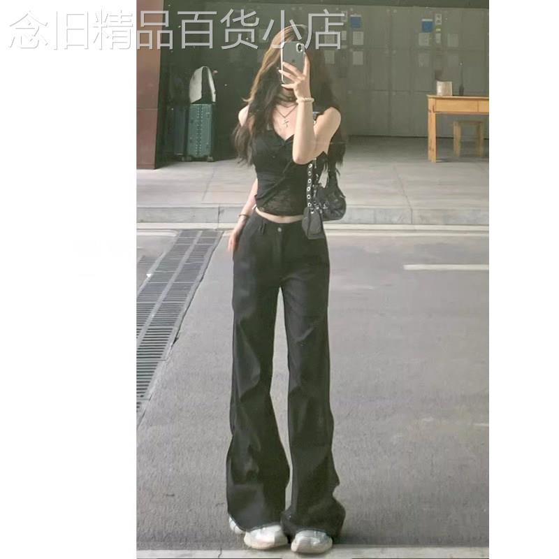 美式黑色窄版微喇工装裤女夏季高腰宽松喇叭裤高个子拖地阔腿长裤