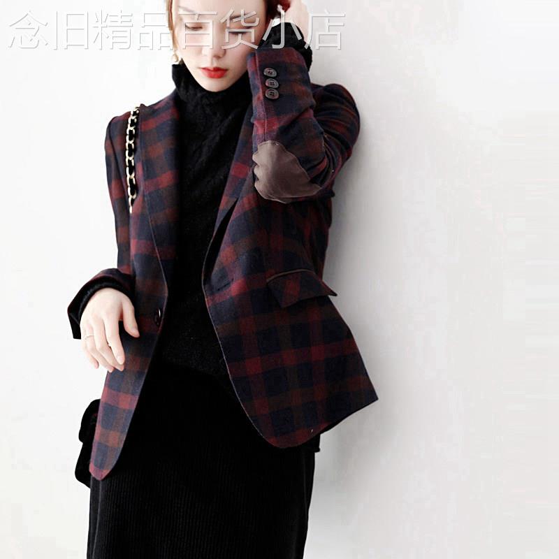 格子西装外套女2025春秋新品修身显瘦长袖休闲气质羊毛小西服短款