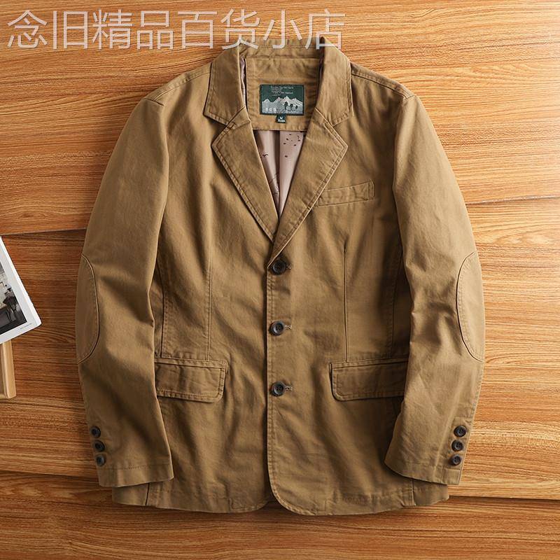 美式复古西服外套男宽松纯棉休闲大码便装轻商务高级春秋小西装