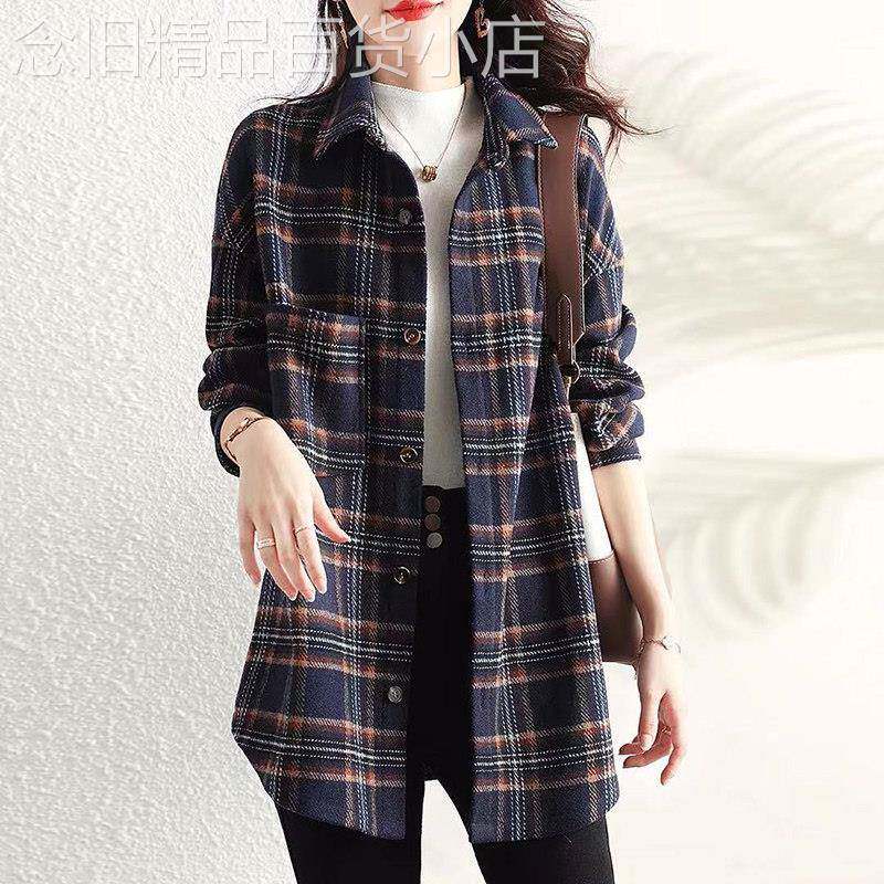 潮牌2026年春秋新款格子中长版衬衫女设计感小众洋派减龄宽松外套