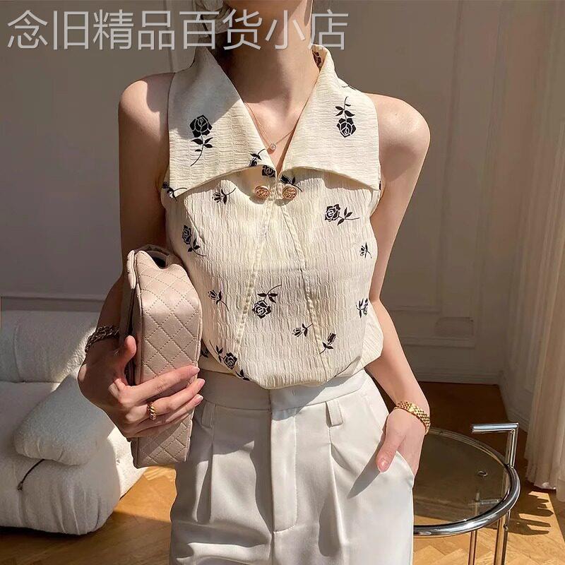 法式复古无袖衬衫女夏季2026新款翻领衬衫显瘦露肩雪纺背心女薄款