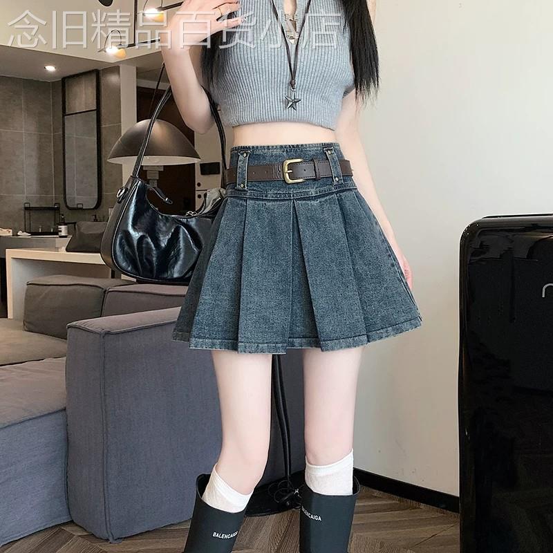 潮牌大码牛仔半身短裙女夏季巨好看的半裙胖mm高腰显瘦a字百褶裙