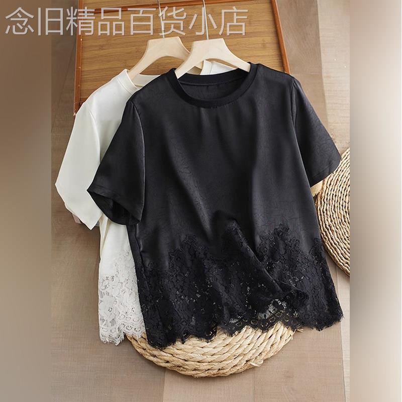 潮牌醋酸缎面短袖t恤女薄款夏季新款设计感蕾丝正肩半袖体恤上衣
