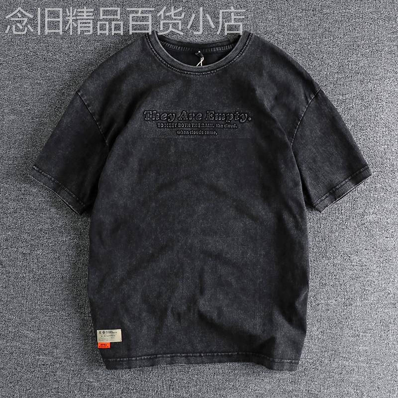 代购香港潮牌美式夏季重磅水洗复古做旧压印字母男士圆领短袖T恤
