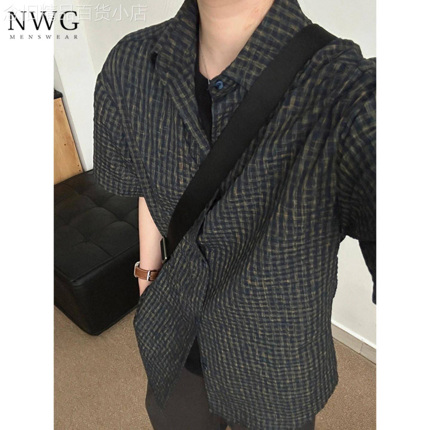 格纹肌理泡泡纱短袖衬衫男夏季薄款美式宽松户外防晒衬衣休闲外套