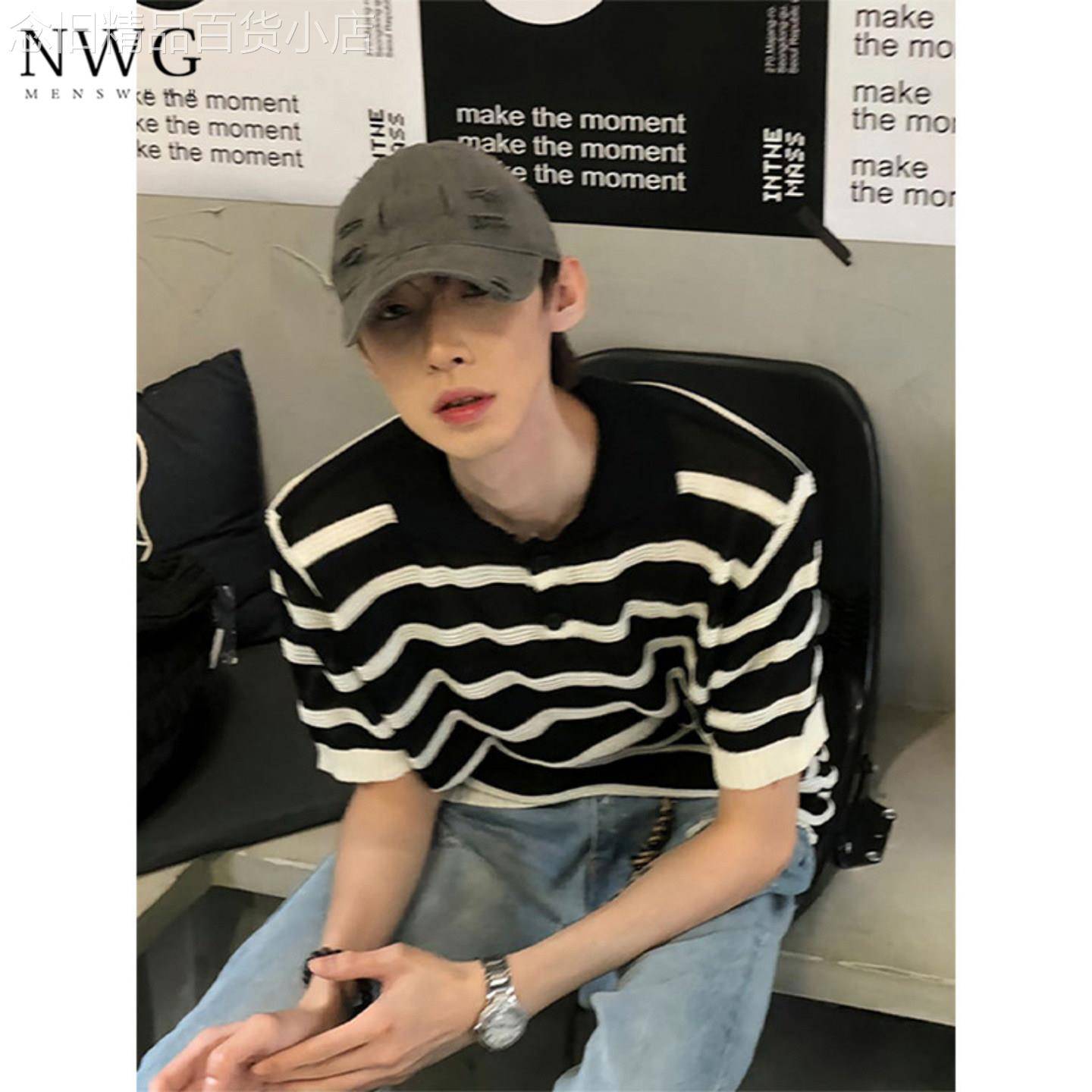 黑白条纹镂空针织短袖POLO衫男夏季美式宽松翻领半袖T恤休闲上衣