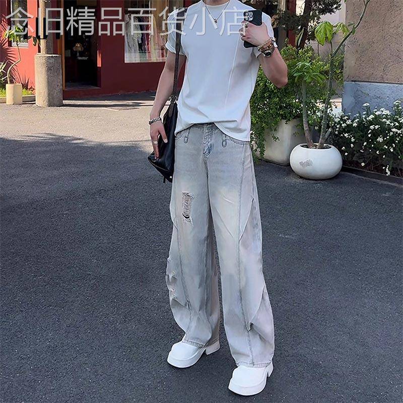 破洞牛仔裤男夏季薄款美式高街直筒弯刀裤潮牌宽松痞帅休闲长裤子
