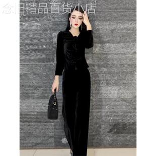 复古通勤优雅女人味黑色金丝绒休闲套装秋季新款上衣阔腿裤两件套