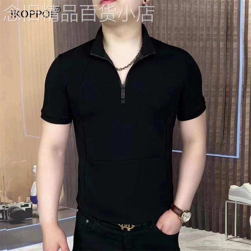 轻奢短袖半拉炼T恤男夏季帅气纯色冰感上衣新款百搭透气半袖POLO