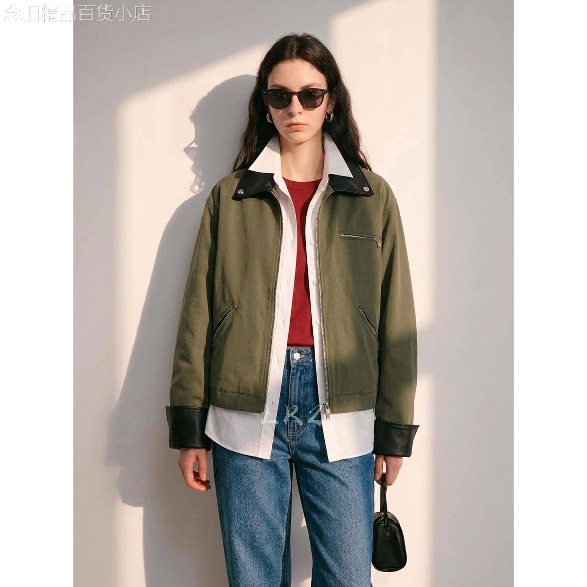 高级感撞色拼接翻领设计军绿色外套女秋季新款休闲时尚长袖上衣