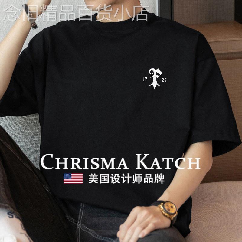 出口美国⭐Chrisma Katch~纯棉男短袖宽松上衣印花全棉半袖黑色