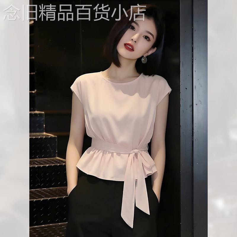 优雅收腰显瘦圆领短袖衬衫女夏季2026年新款轻奢法式上衣减龄小衫
